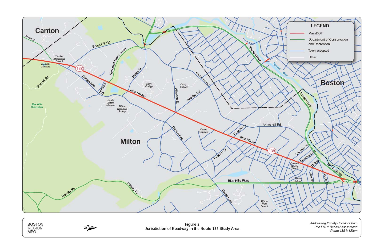 Figure 2 is a map of the study area showing the agencies that have jurisdiction of the roadways.